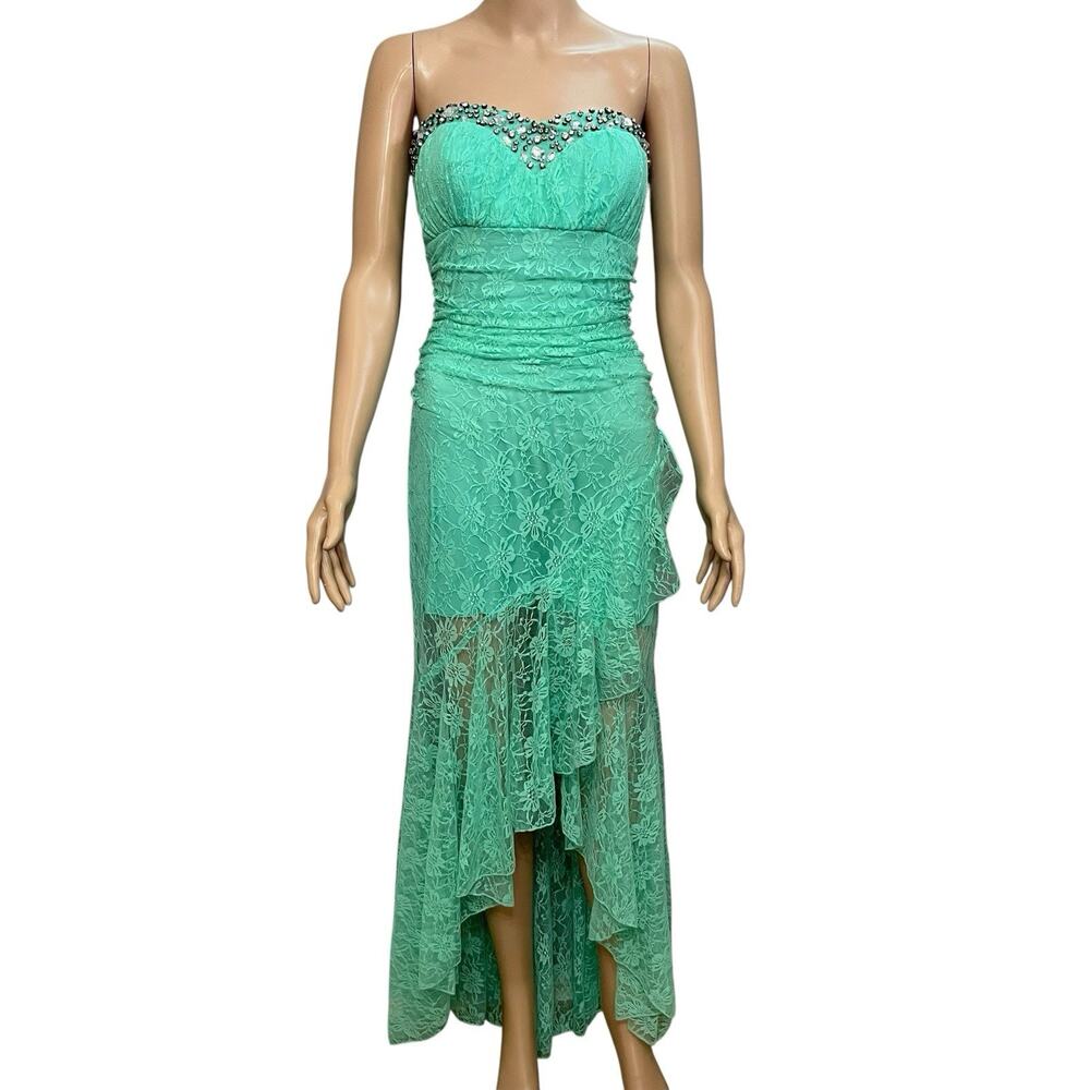 Y2K Deb Lace Prom Dress Gown XS/0 Strapless Rhinestone Asymmetrical Ruffle READ